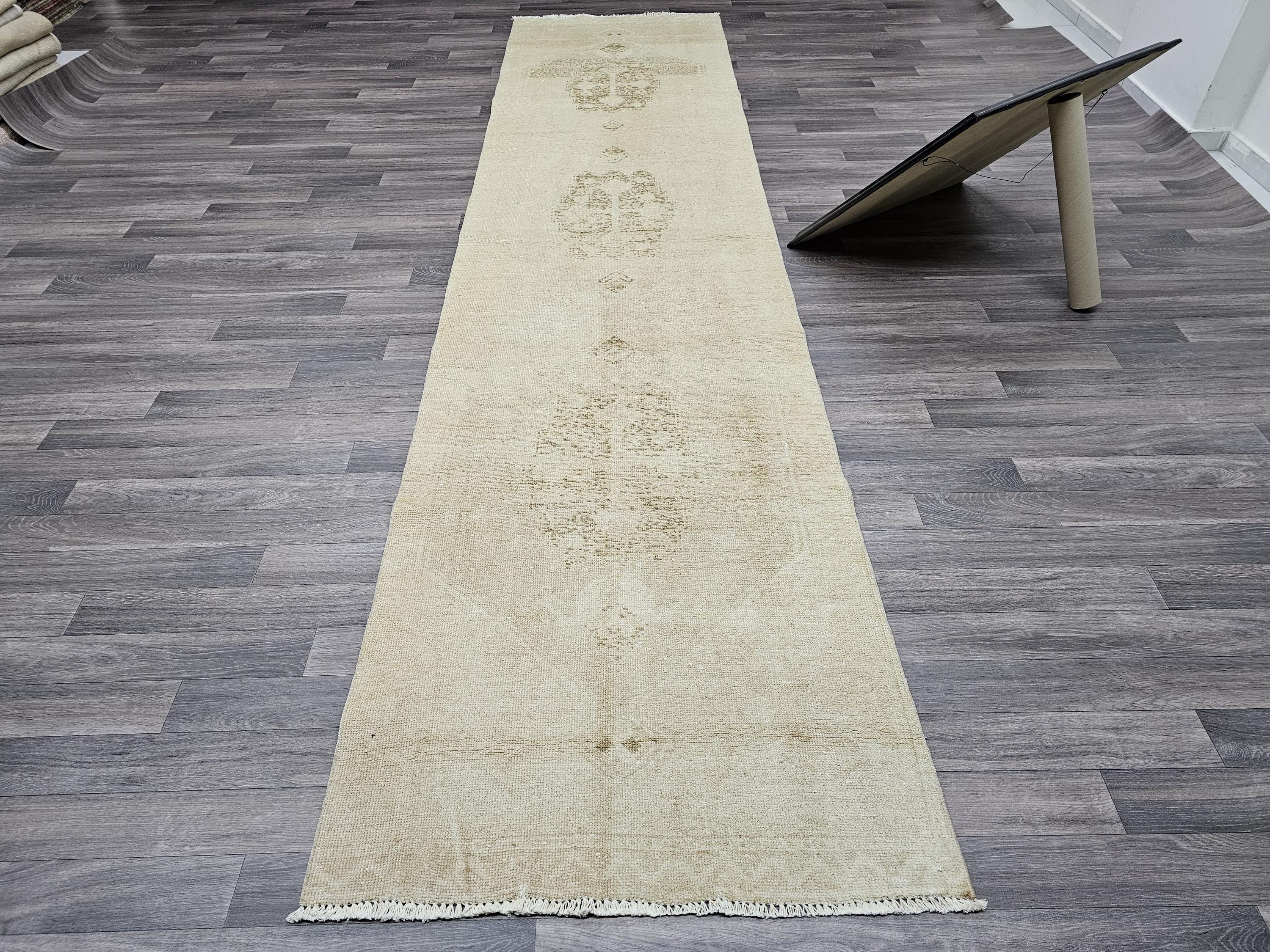 Neutral Turkish Runner Rug: 3x12.5 ft Vintage Oushak Wool Hallway Rug