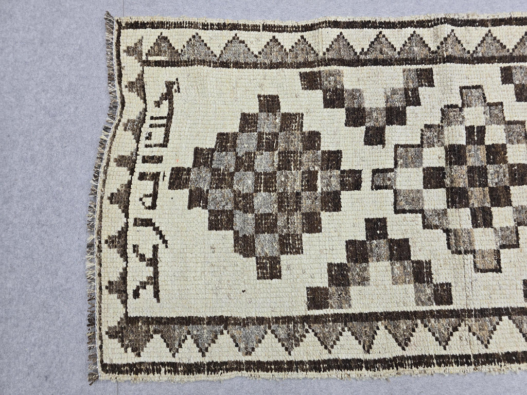 Vintage Rug Runner 3x11 | Neutral Cream Brown Tribal Hallway Carpet | Hand Knotted Wool Turkish Runner