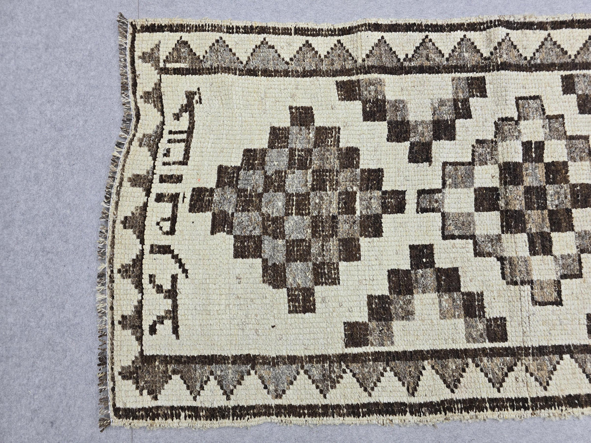 Vintage Rug Runner 3x11 | Neutral Cream Brown Tribal Hallway Carpet | Hand Knotted Wool Turkish Runner