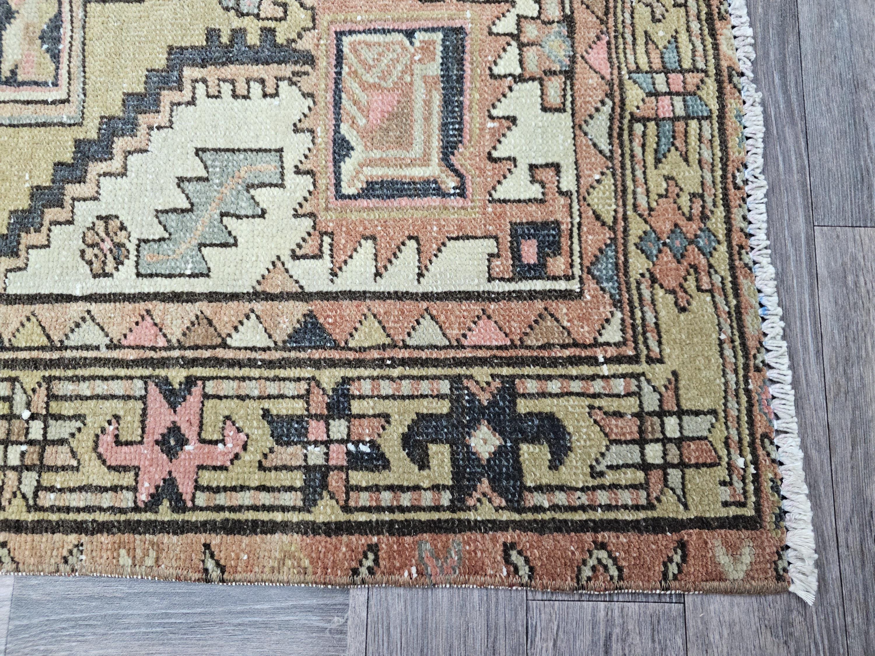 Hand Knotted Wool Turkish Runner Rug: Vintage Geometric Design