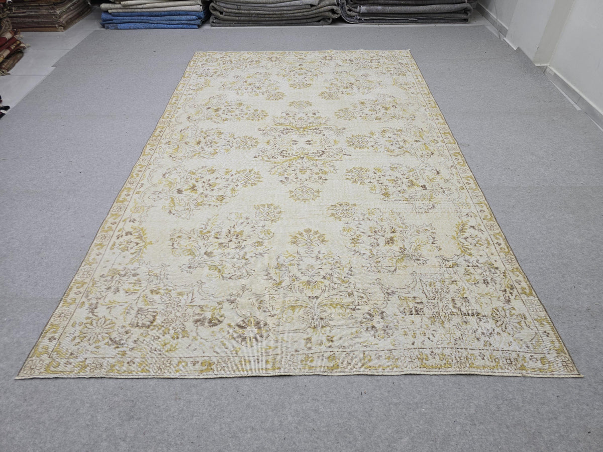 Oushak Rug 6x10, Gold Yellow Floral Turkish Vintage Carpet, Handknotted Wool Area Rug for Living Room Retro Boho Home Decor