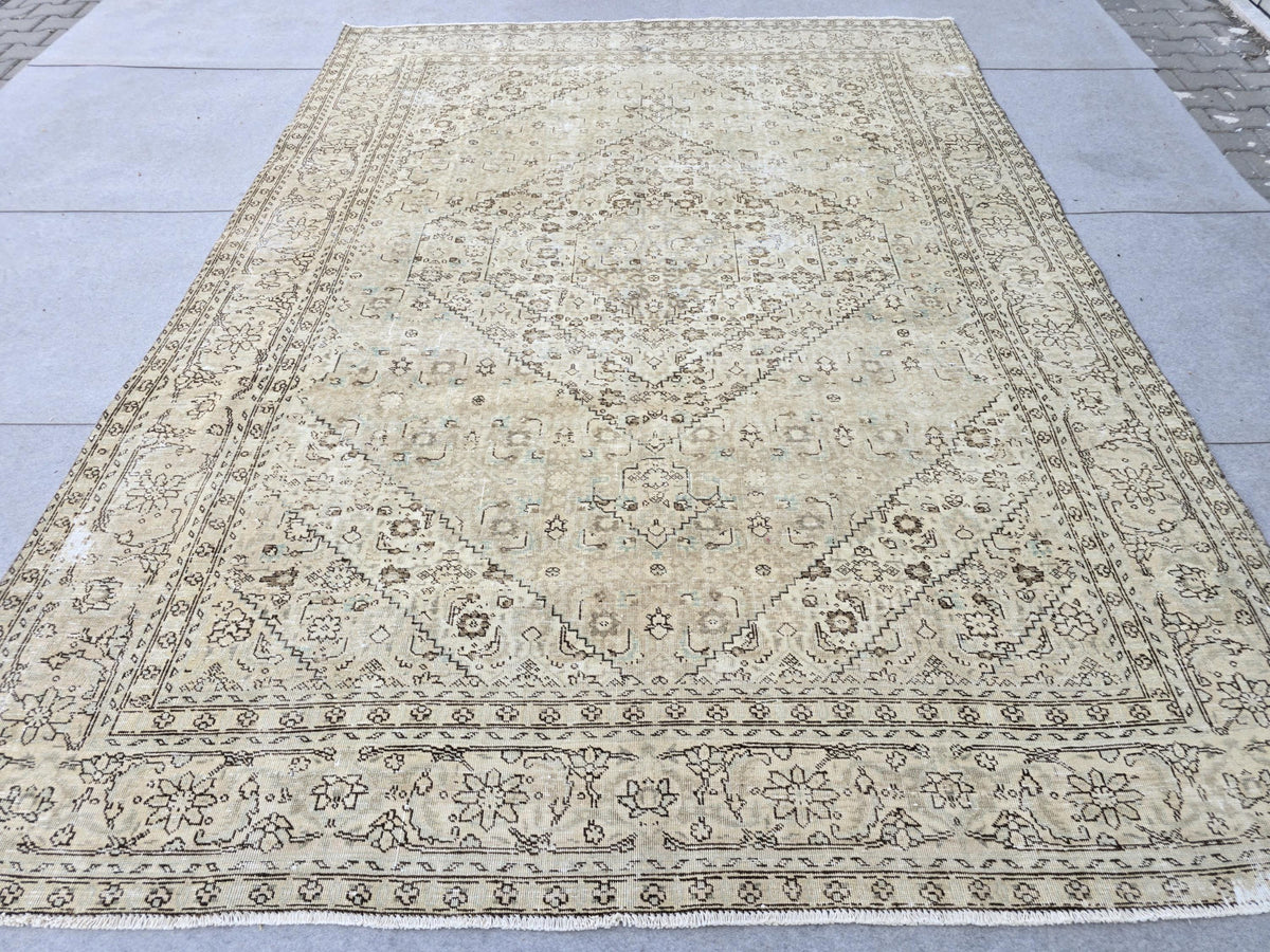 Turkish Rug 8x11 | Neutral Oushak Style Medallion Rug | Hand Knotted Vintage Wool Beige Area Carpet | Living Room Office Decor