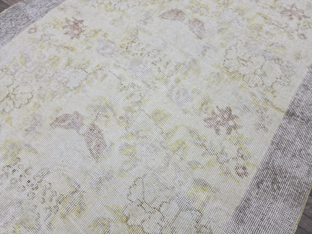 Vintage Oushak Rug: 4x7 Handknotted Wool Ivory Cream Floral Turkish Carpet