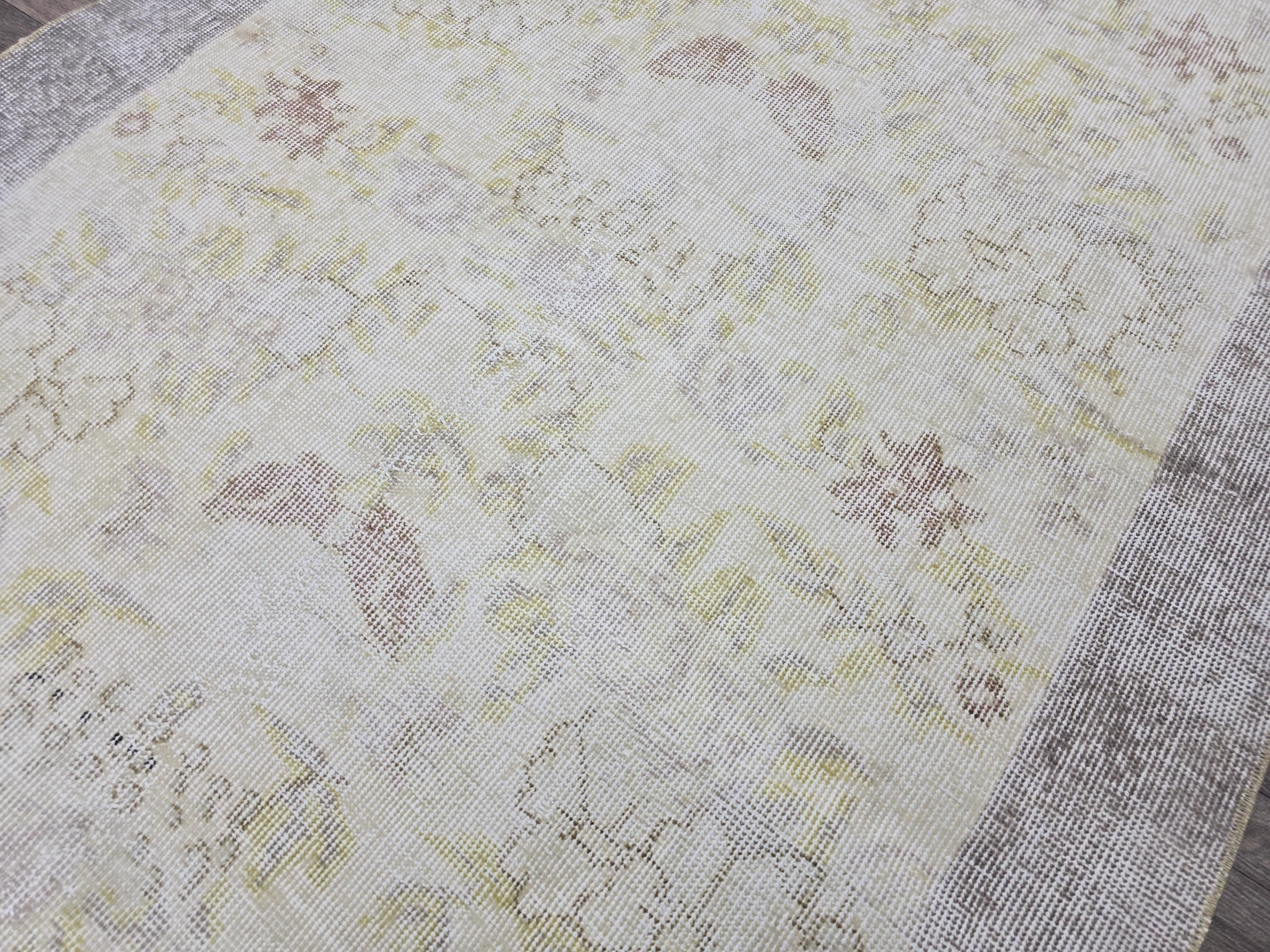 Vintage Oushak Rug: 4x7 Handknotted Wool Ivory Cream Floral Turkish Carpet