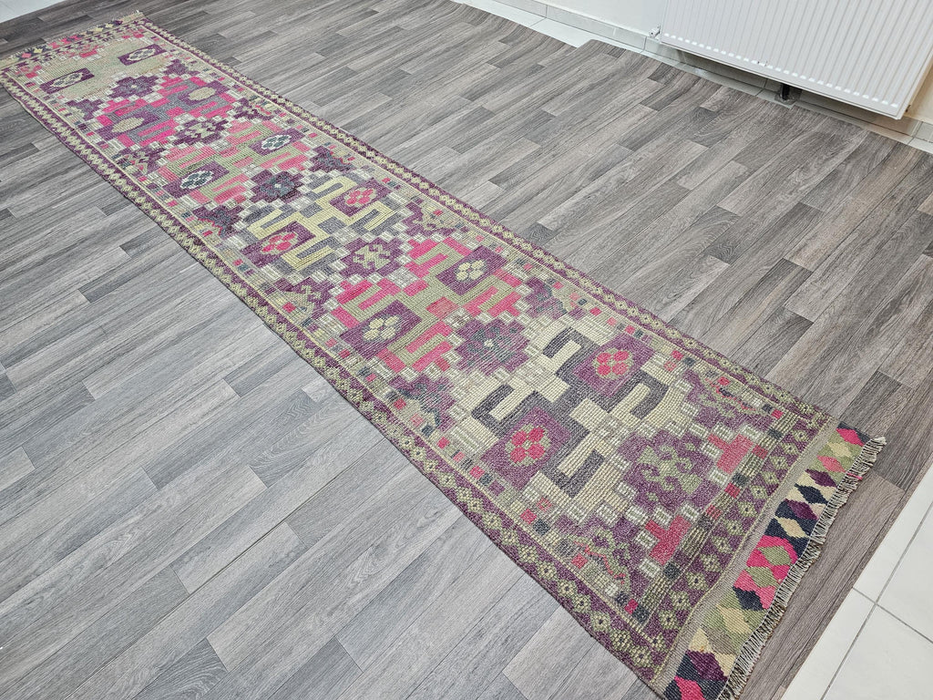 Vintage Herki Runner Rug: Hand-Knotted Turkish Wool Hallway Rug (2.7 X 13.45 ft)