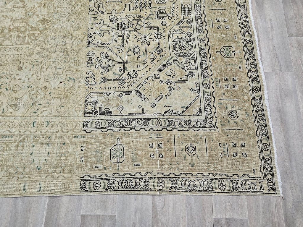 9x12 Neutral Oushak Area Rug:  Handmade Vintage Turkish Geometric Area Carpet