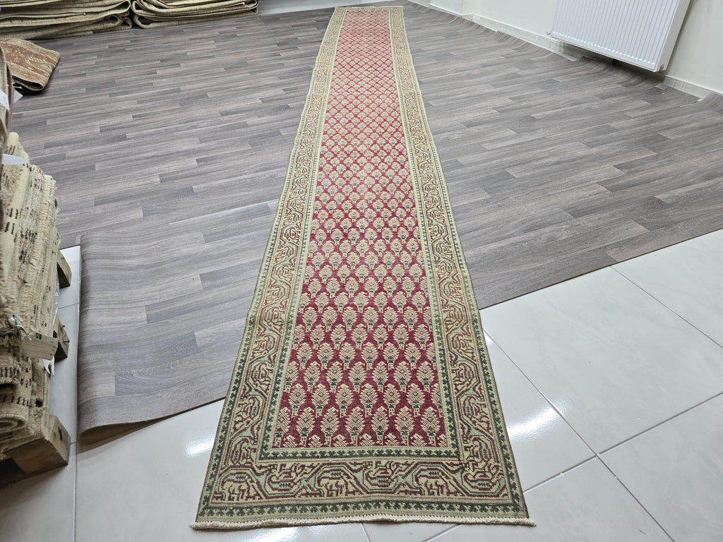 Hand Knotted Oushak Runner: Extra Long Vintage Turkish Hallway Rug