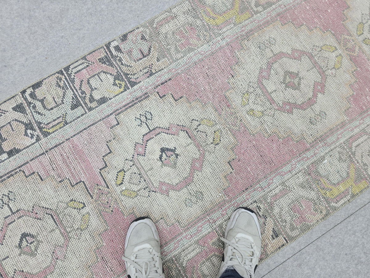Turkish Rug 3x10, Pastel Pink Runner Rug, Hand Knotted Wool Oushak Runner, Faded Muted Hallway Rug, Vintage Boho Nursery Stair Anatolian rug