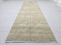 Turkish Runner Rug 3.5x11, Olive Sage Earth Tone Hallway Runner, Faded Wool Kitchen Runner, Tribal Corridor Rug for Dining Room Decor