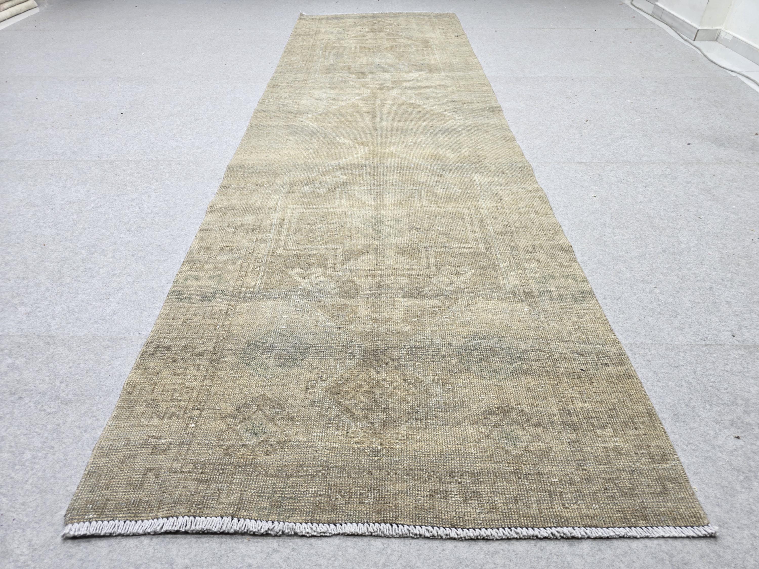 Turkish Runner Rug 3.5x11, Olive Sage Earth Tone Hallway Runner, Faded Wool Kitchen Runner, Tribal Corridor Rug for Dining Room Decor