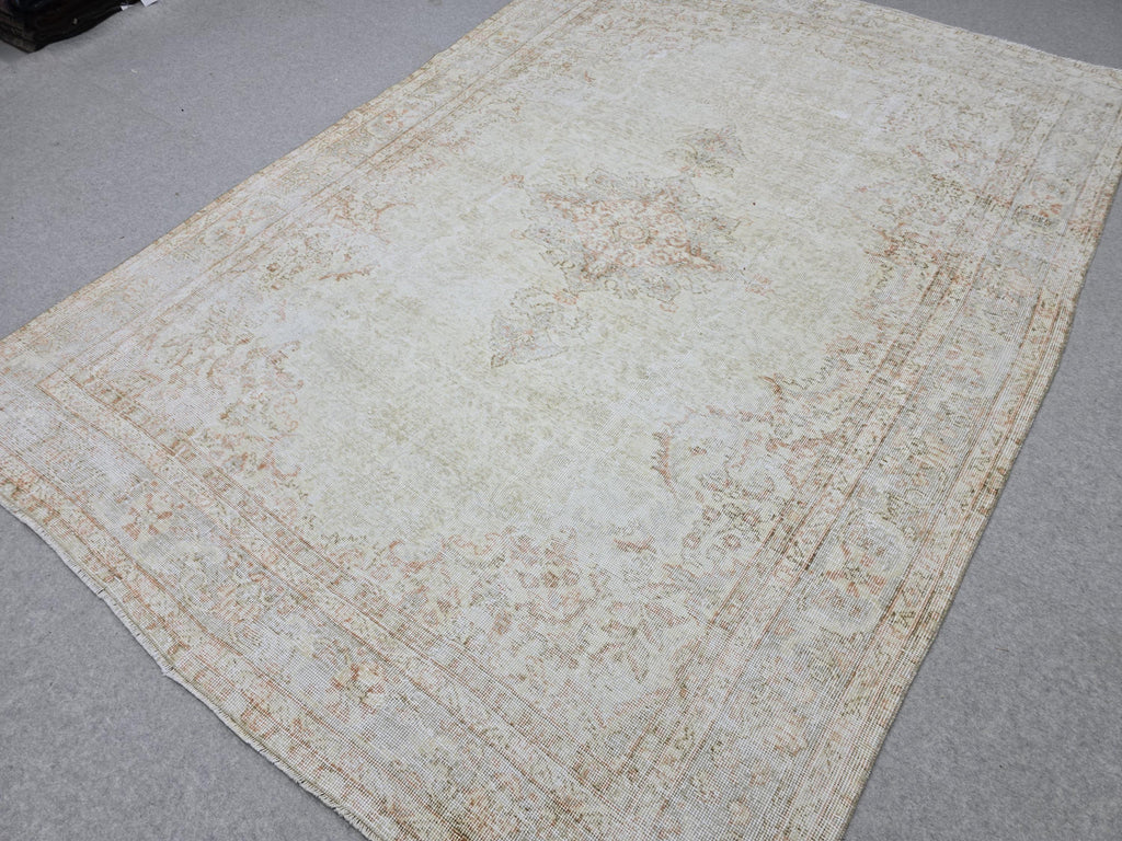 Turkish Wool Rug 7x10, Ivory Cream Medallion, Distressed Neutral Carpet