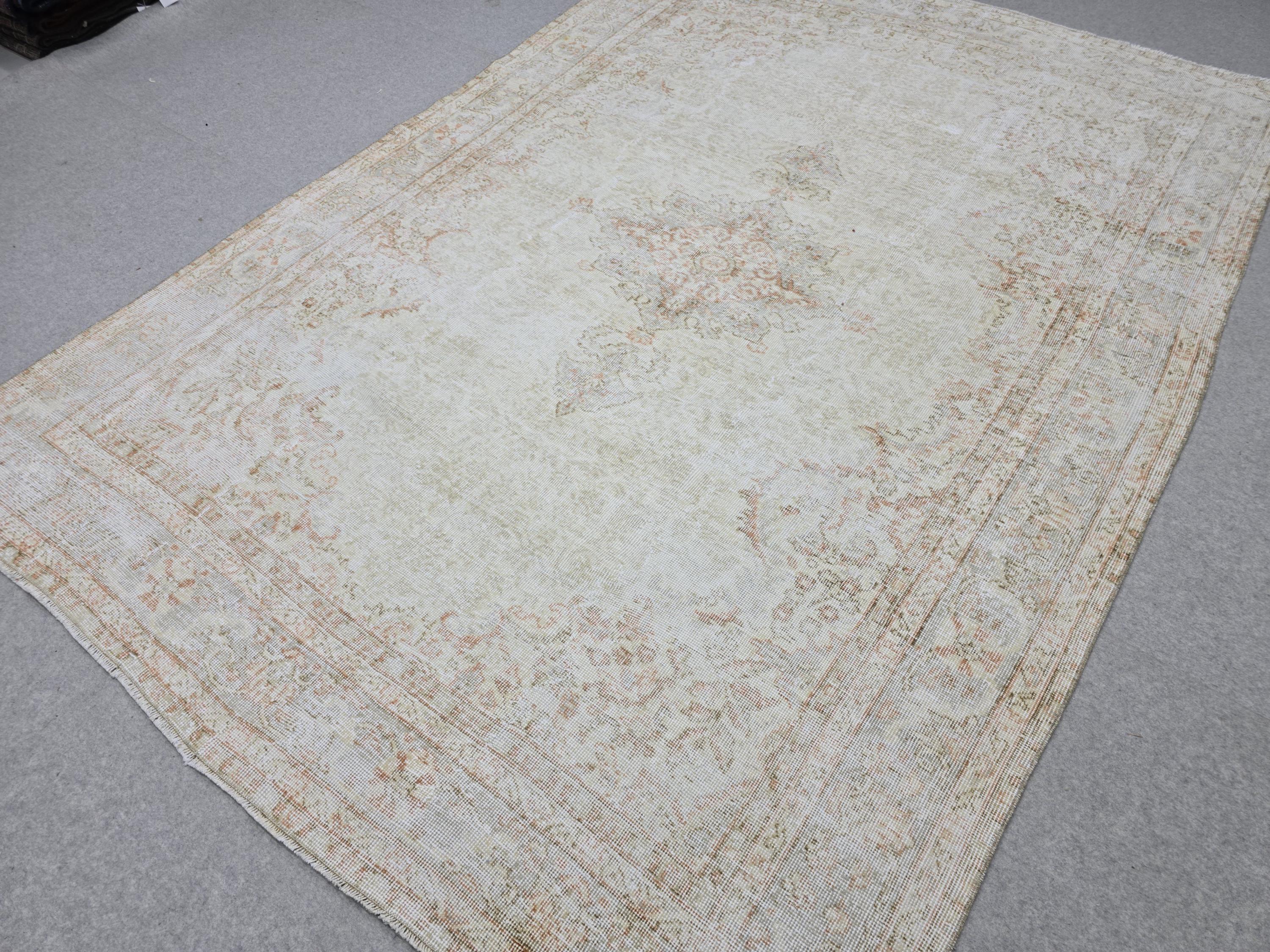 Turkish Wool Rug 7x10, Ivory Cream Medallion, Distressed Neutral Carpet