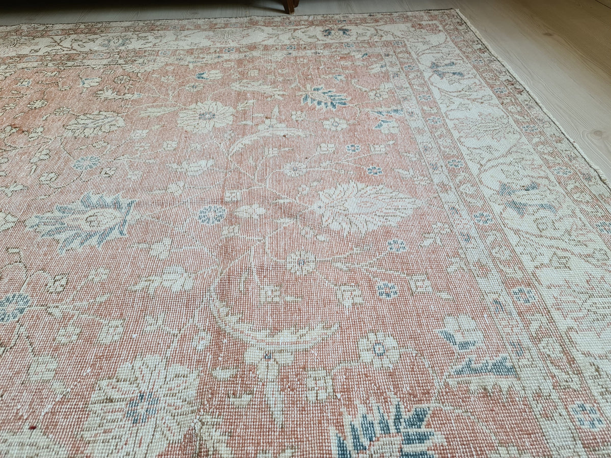7x10 Vintage Turkish Rug: Hand knotted Wool Oushak area Rug -  6.8 x 9.9 ft, Organic Wool