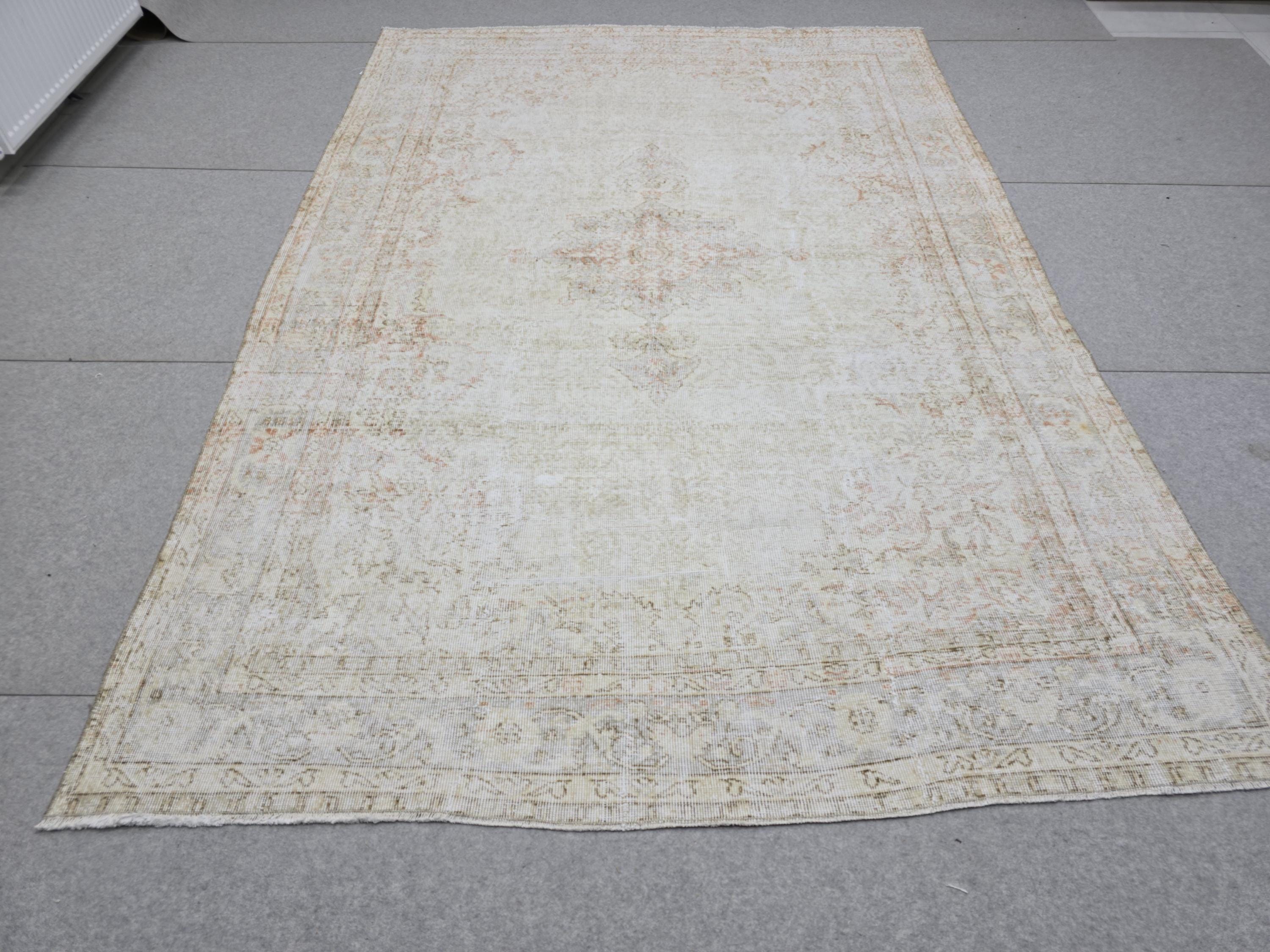 Turkish Wool Rug 7x10, Ivory Cream Medallion, Distressed Neutral Carpet