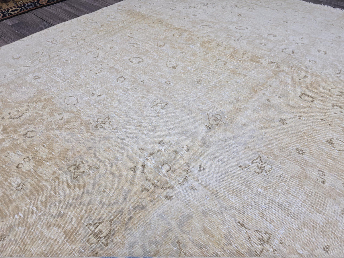 Vintage Turkish Oushak Rug 9x12: Handmade Wool Cream & Blue Boho Carpet