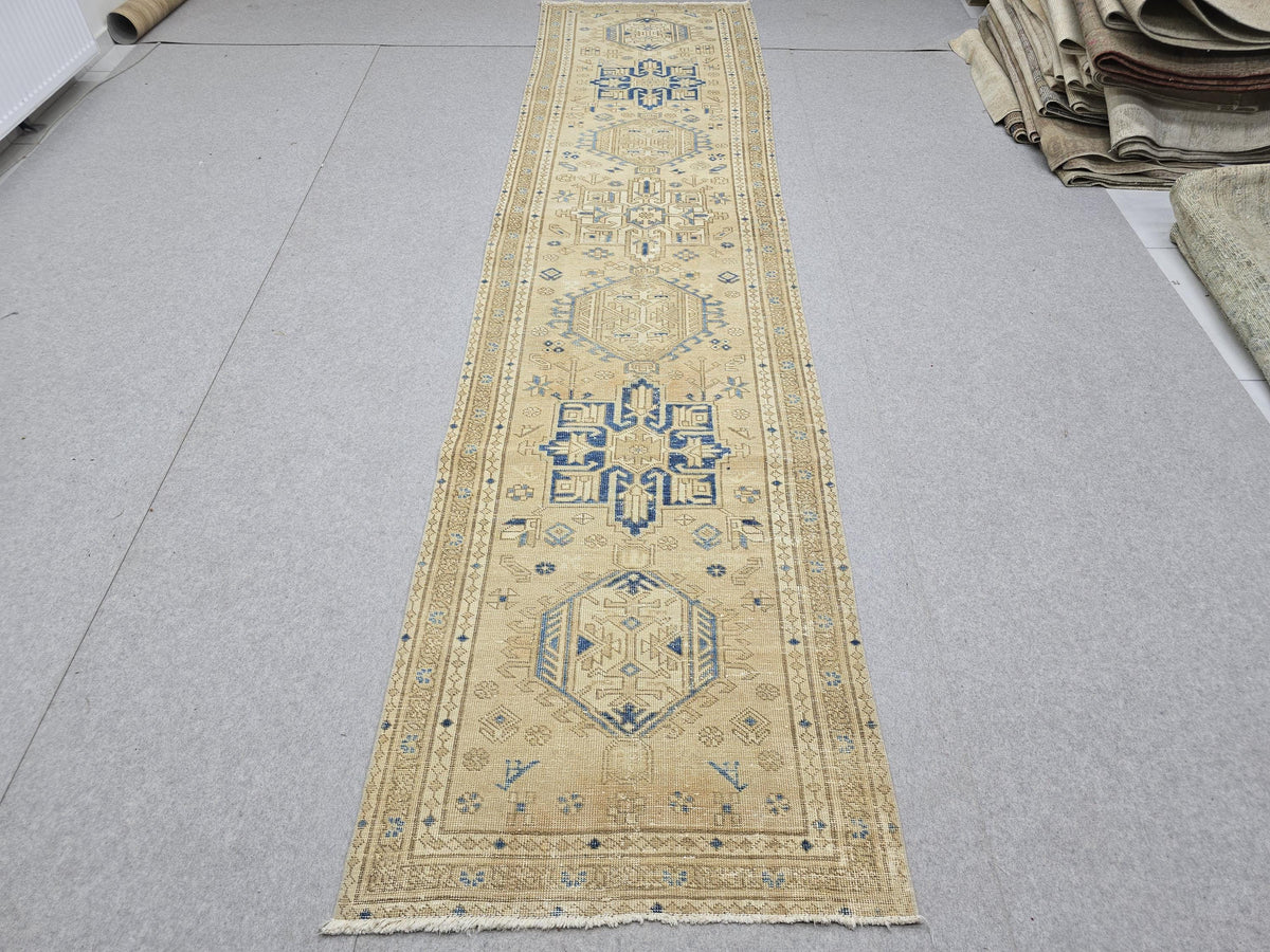 3x12 Turkish Runner Rug, Blue Beige Vintage Wool Hallway Runner, Faded Tribal Medallion Anatolian Corridor Rug, Boho Farmhouse Decor