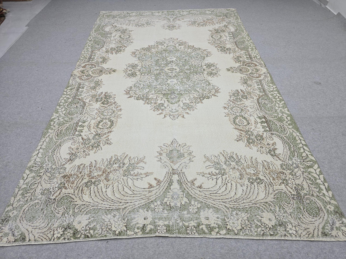 Muted Vintage Rug 6x10, Cream Green Floral Area Rug, Distressed Turkish Rug, Hand Knotted Wool Medallion Carpet, Scandinavian Bedroom Decor