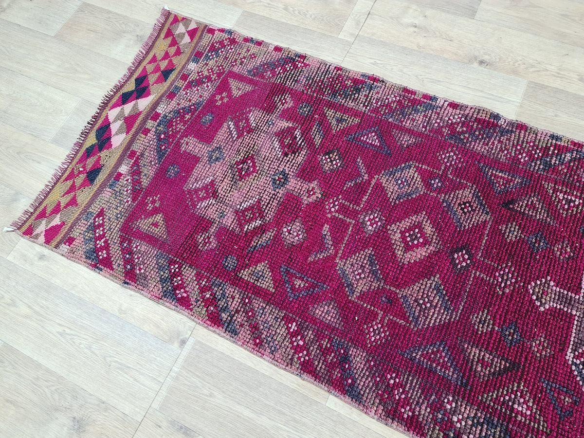 Hand Knotted Wool Herki Runner: 3x13 Vintage Turkish Rug