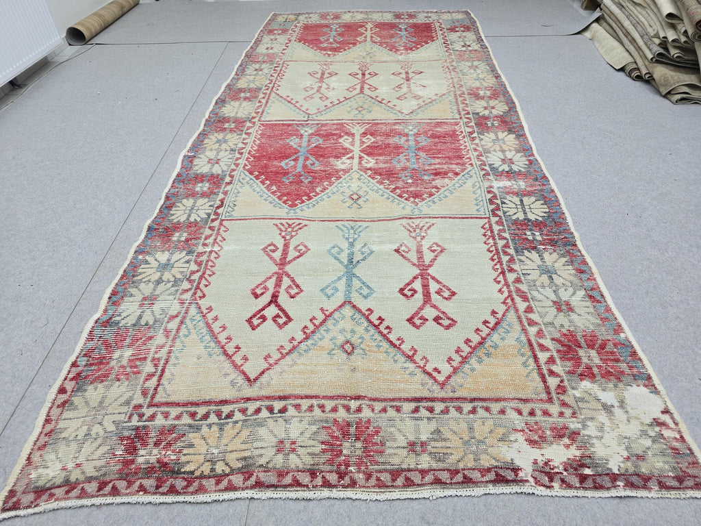 Oushak Rug 5x12, Antique Red Cream Distressed Wool Area Rug, Faded Panel Medallion Anatolian Wide Runner, Boho Farmhouse Living Room Decor