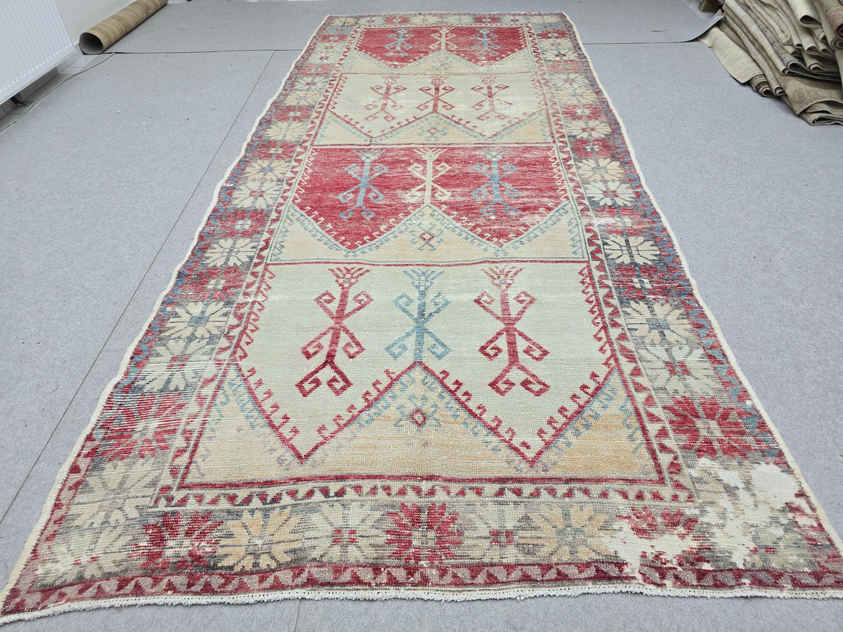Oushak Rug 5x12, Antique Red Cream Distressed Wool Area Rug, Faded Panel Medallion Anatolian Wide Runner, Boho Farmhouse Living Room Decor