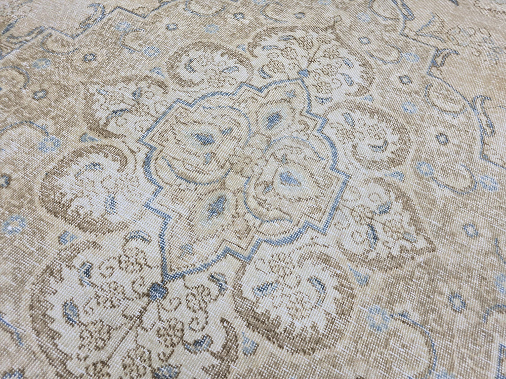 Vintage Turkish Oushak Rug: 10x13 Beige & Blue Handknotted Wool Carpet