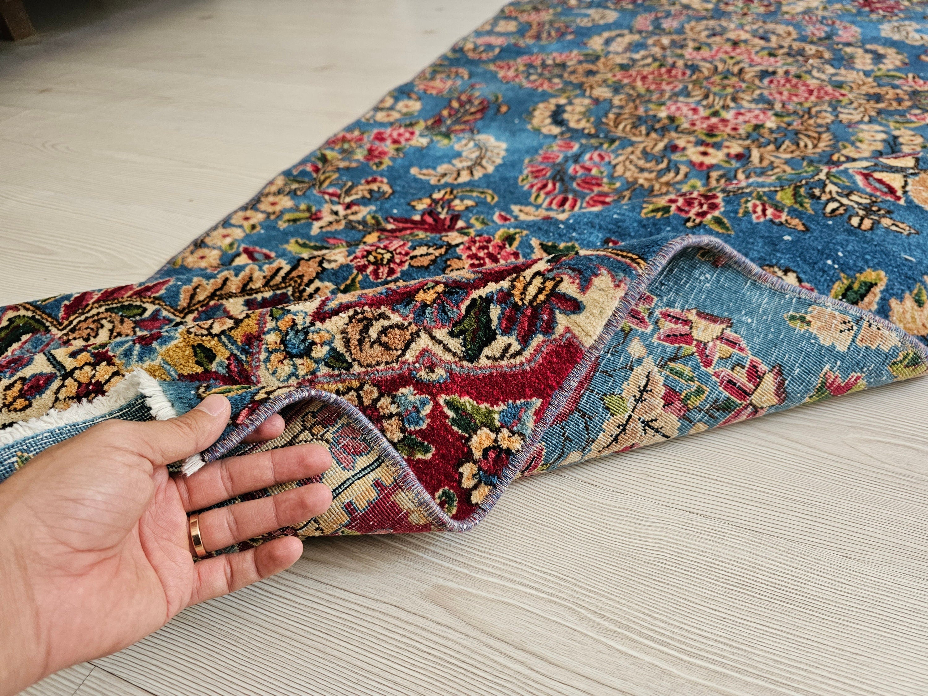 Blue Vintage Runner Rug/2.95x9.50 feet/ Hand Knotted Wool Floral Design Oushak Runner