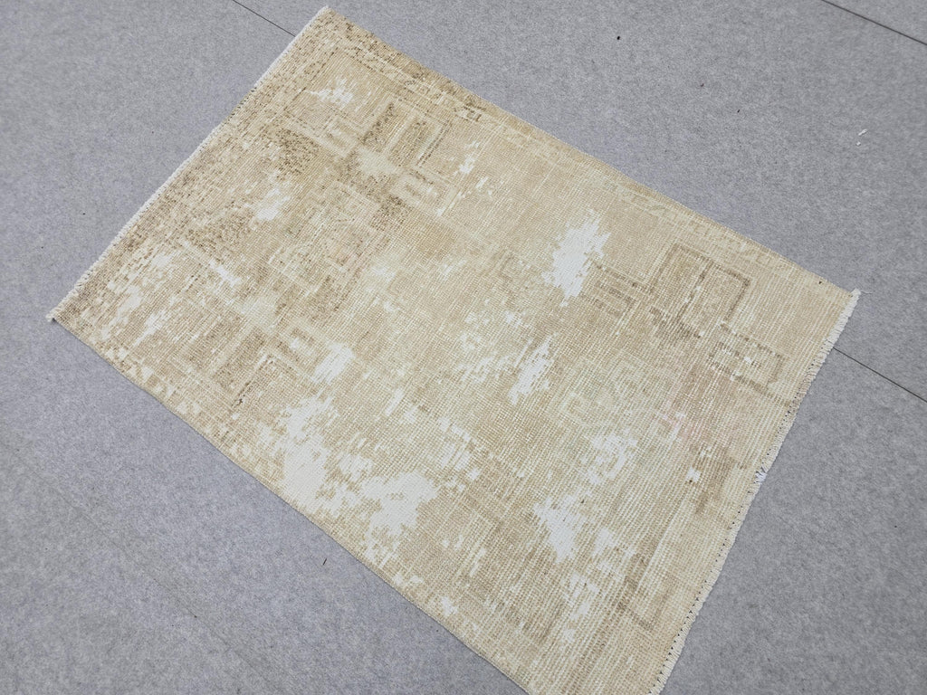 Vintage Rug 3x4, Small Distressed Neutral Rug, Hand Knotted Wool Oushak Accent Rug, Faded Beige Kitchen Mat, Boho Entryway Door Rug