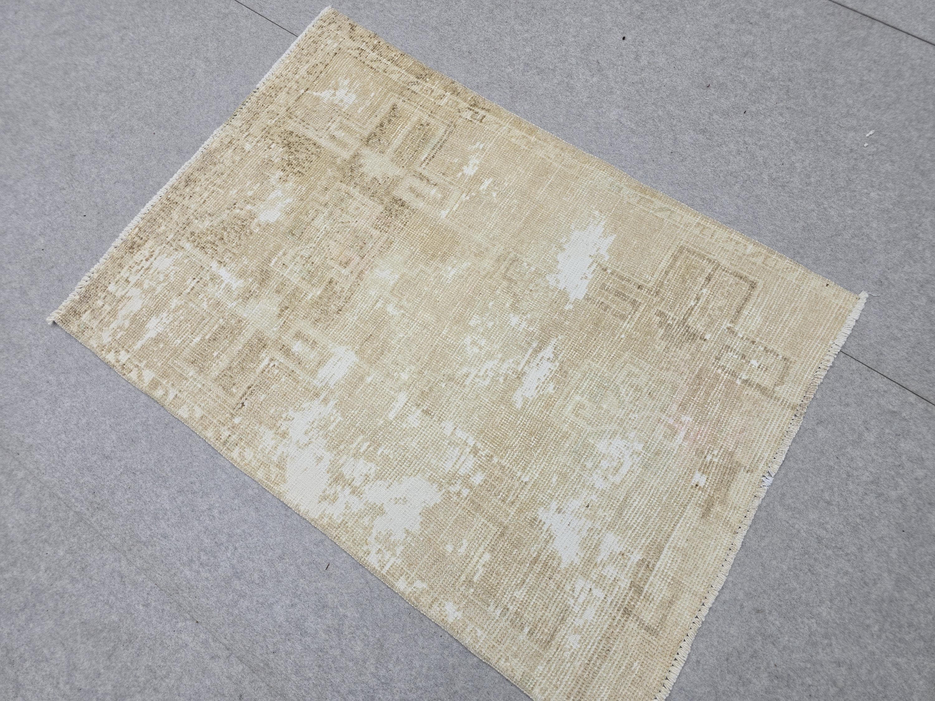 Vintage Rug 3x4, Small Distressed Neutral Rug, Hand Knotted Wool Oushak Accent Rug, Faded Beige Kitchen Mat, Boho Entryway Door Rug