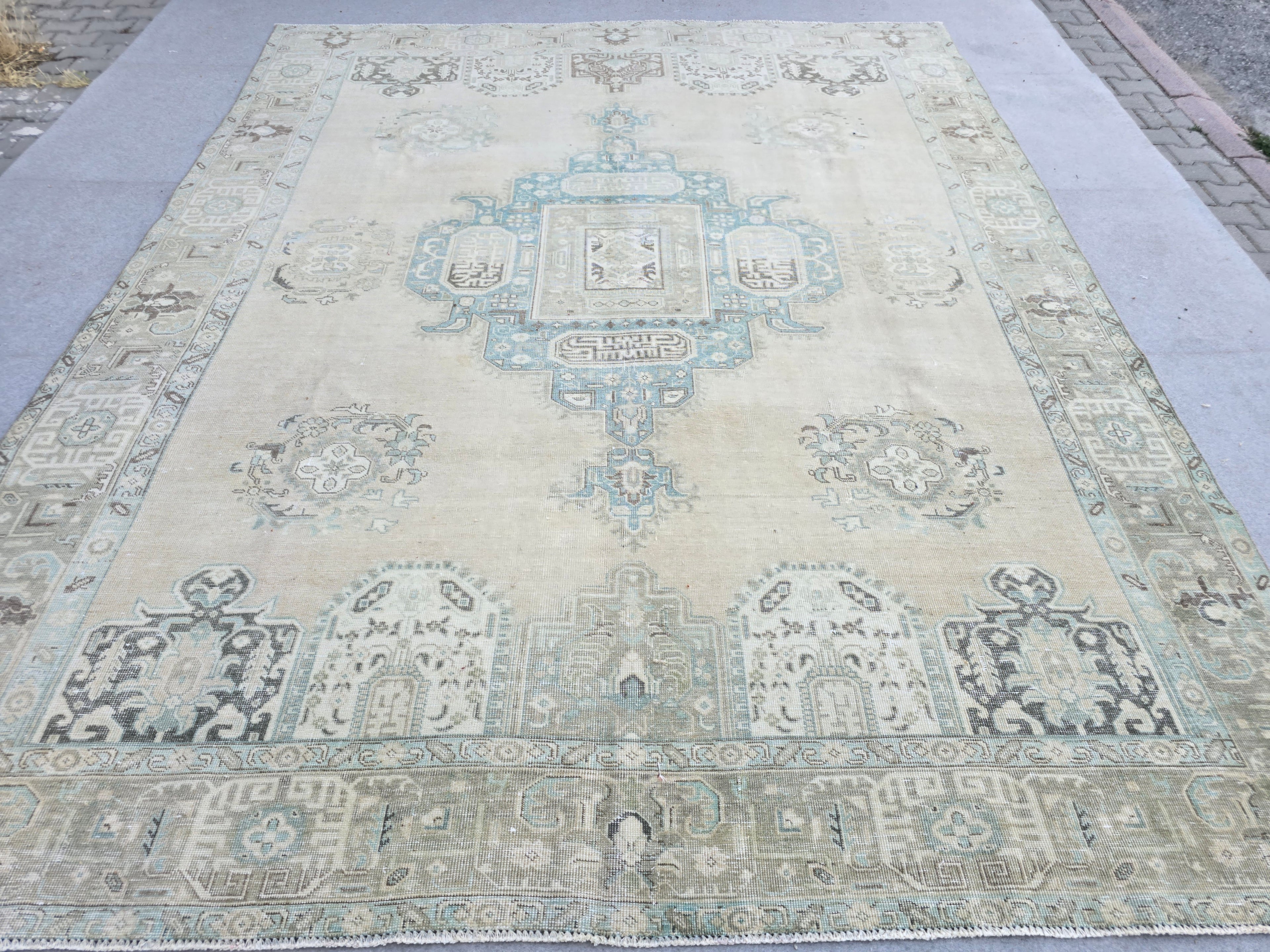 10x12 Turkish Rug Vintage Beige/Cream Blue Hand Knotted Oushak Area Carpet
