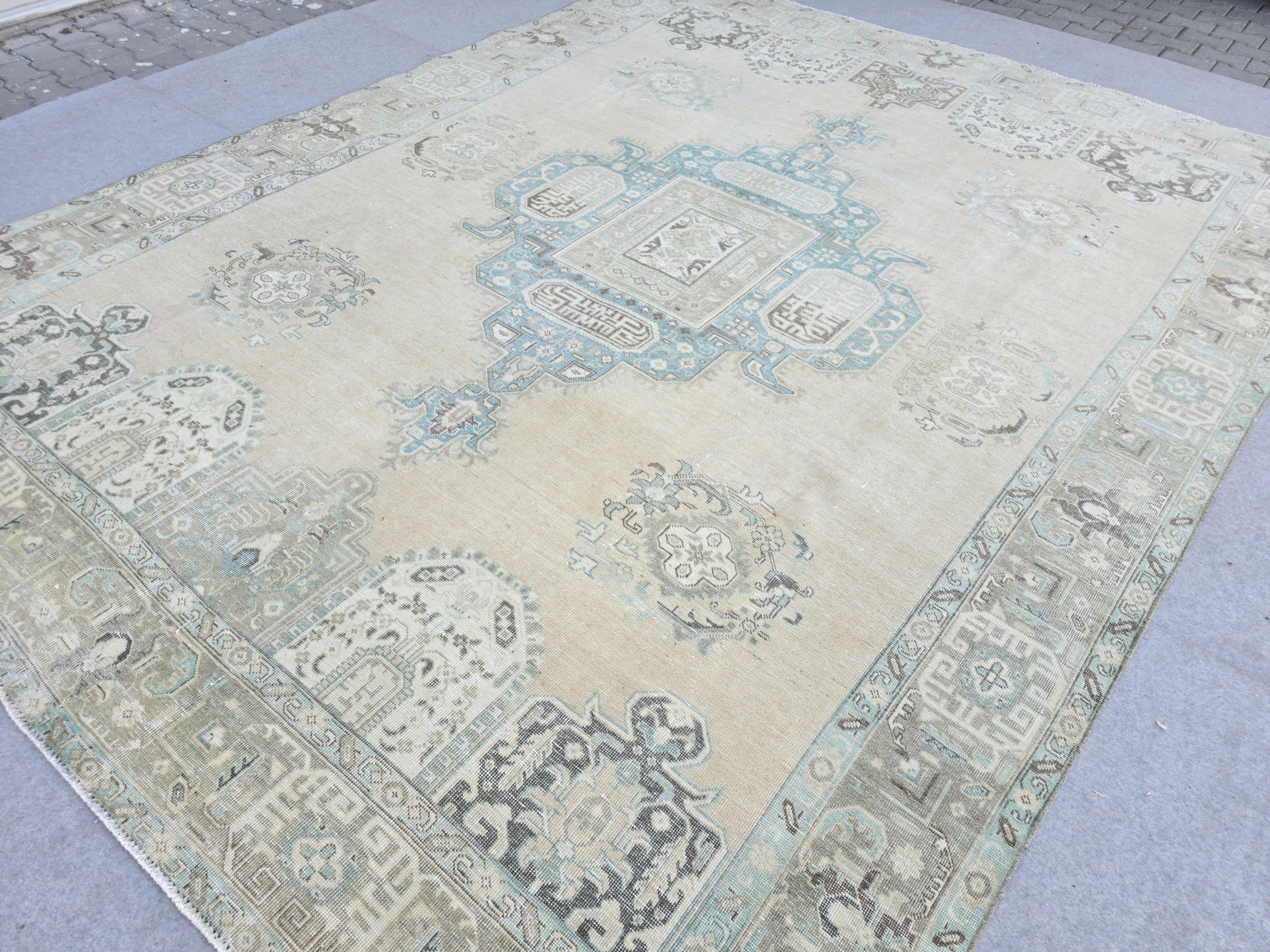 10x12 Turkish Rug Vintage Beige/Cream Blue Hand Knotted Oushak Area Carpet