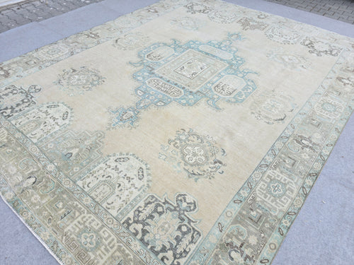 10x12 Turkish Rug Vintage Beige/Cream Blue Hand Knotted Oushak Area Carpet
