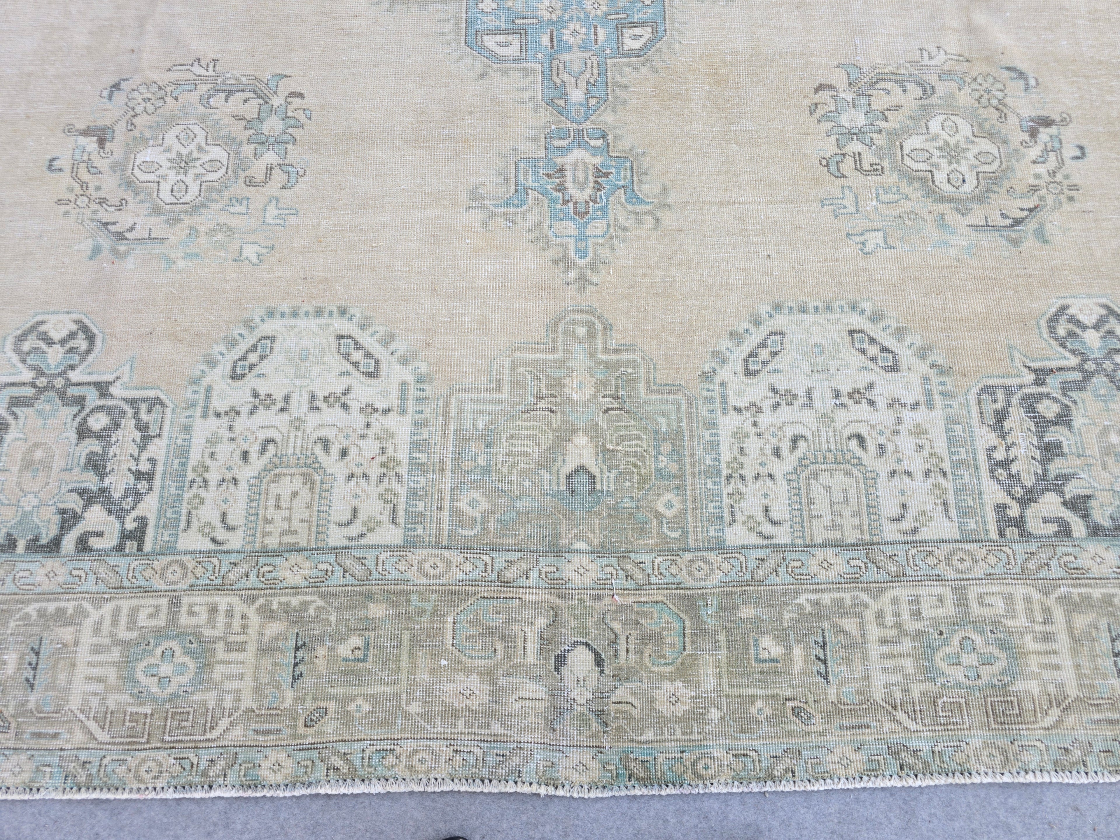 10x12 Turkish Rug Vintage Beige/Cream Blue Hand Knotted Oushak Area Carpet