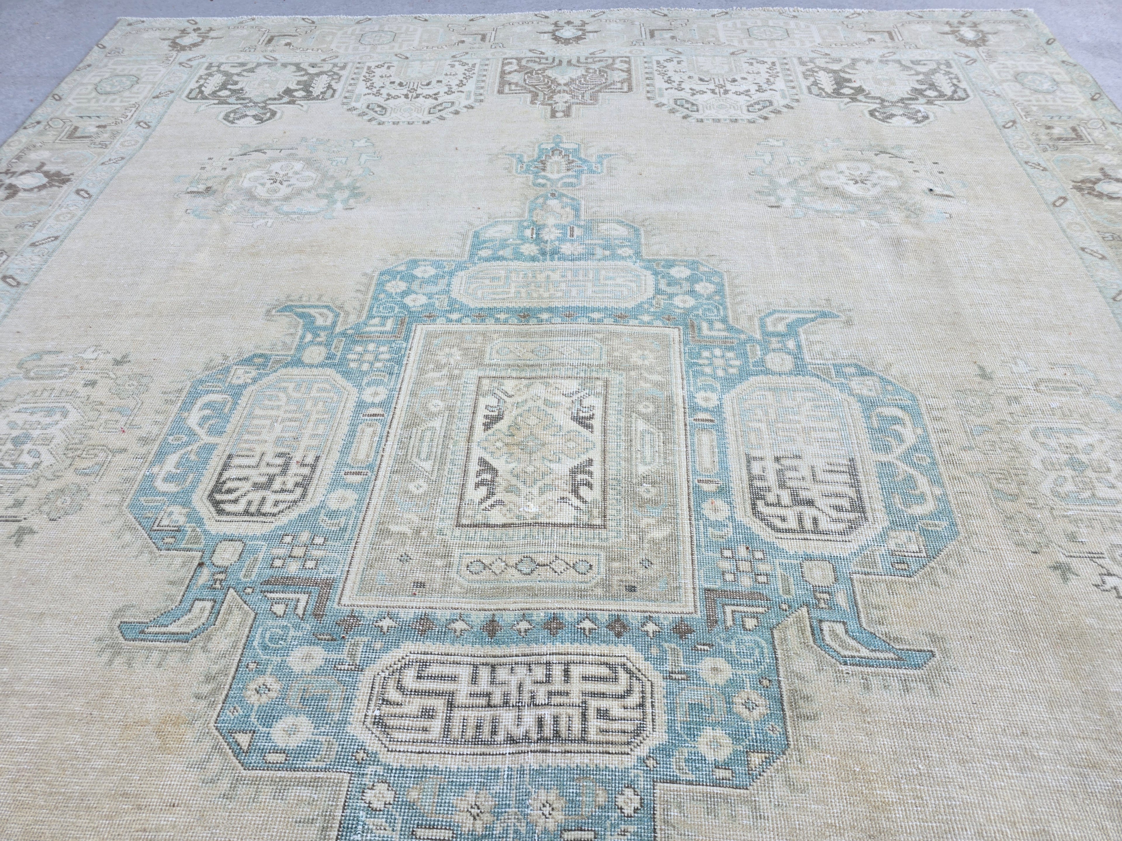 10x12 Turkish Rug Vintage Beige/Cream Blue Hand Knotted Oushak Area Carpet