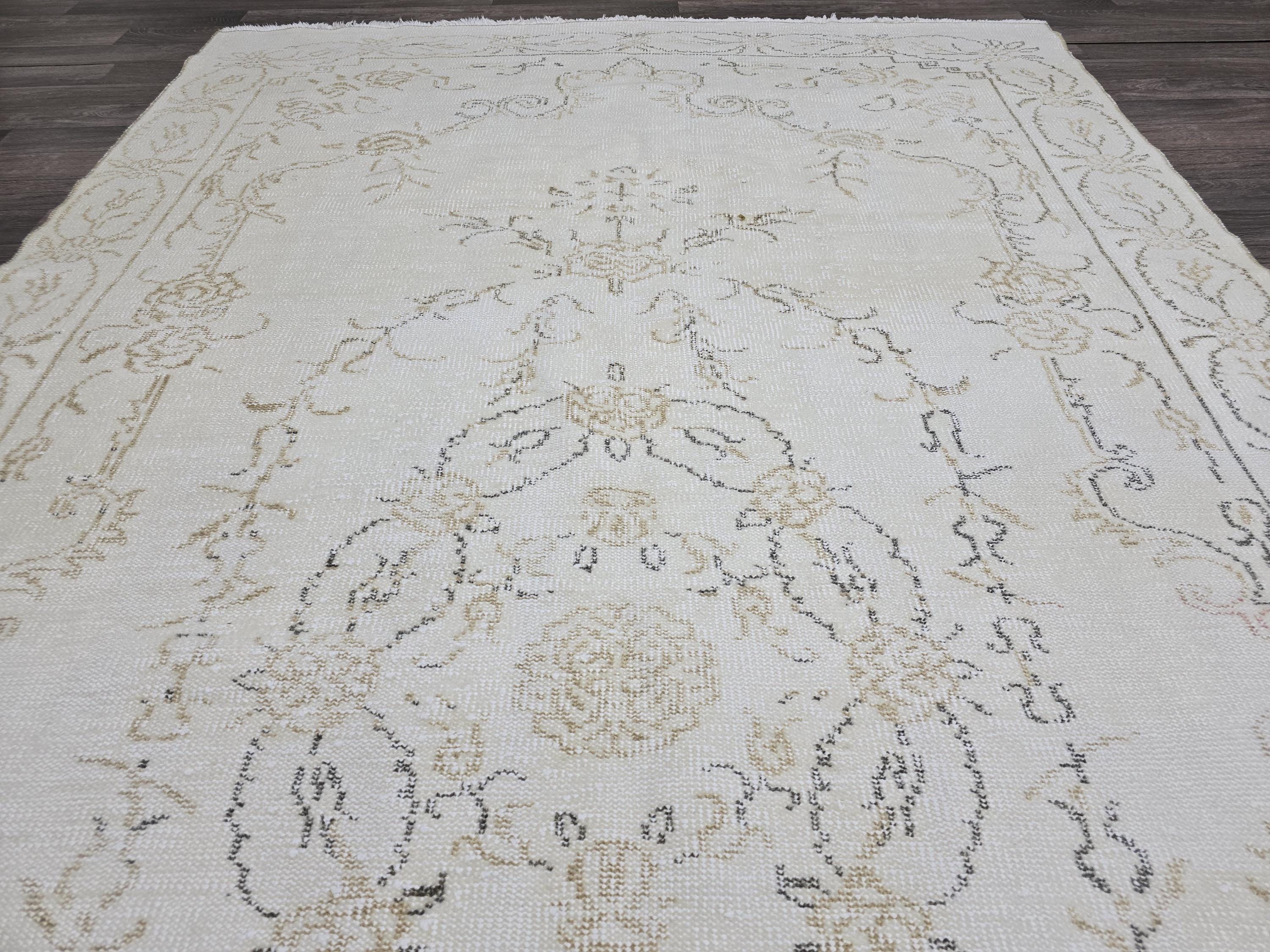 Hand Knotted Oushak Rug 6x10: Vintage Turkish Wool Cream Floral Carpet