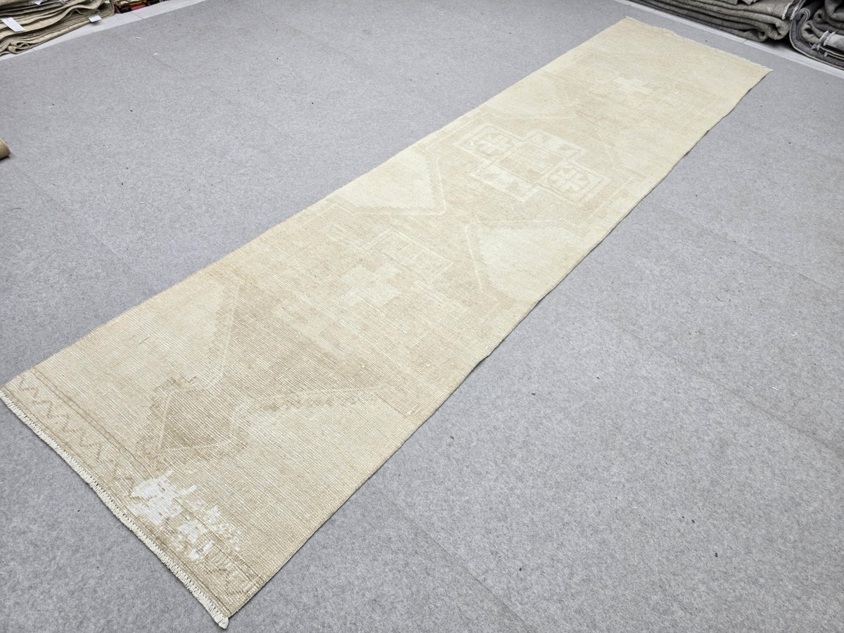 Turkish Rug 3x12 Narrow Runner, Parchment Beige Wool Rug, Extra Long Galley Kitchen Carpet,  Vintage Hallway Runner Rug, Coastal Decor Rug