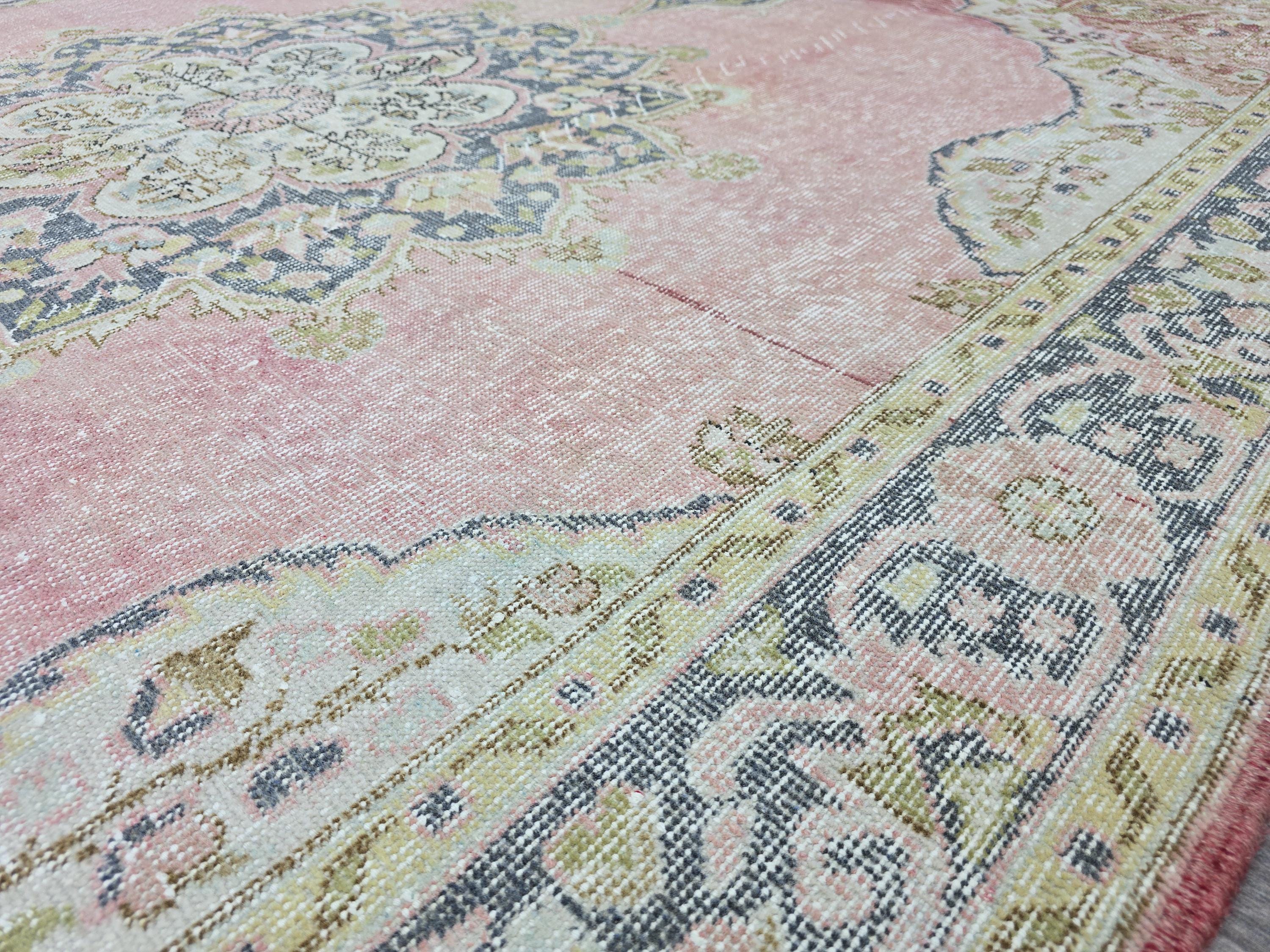 Vintage Turkish Oushak Rug: 7x11 Pink Floral Wool Carpet