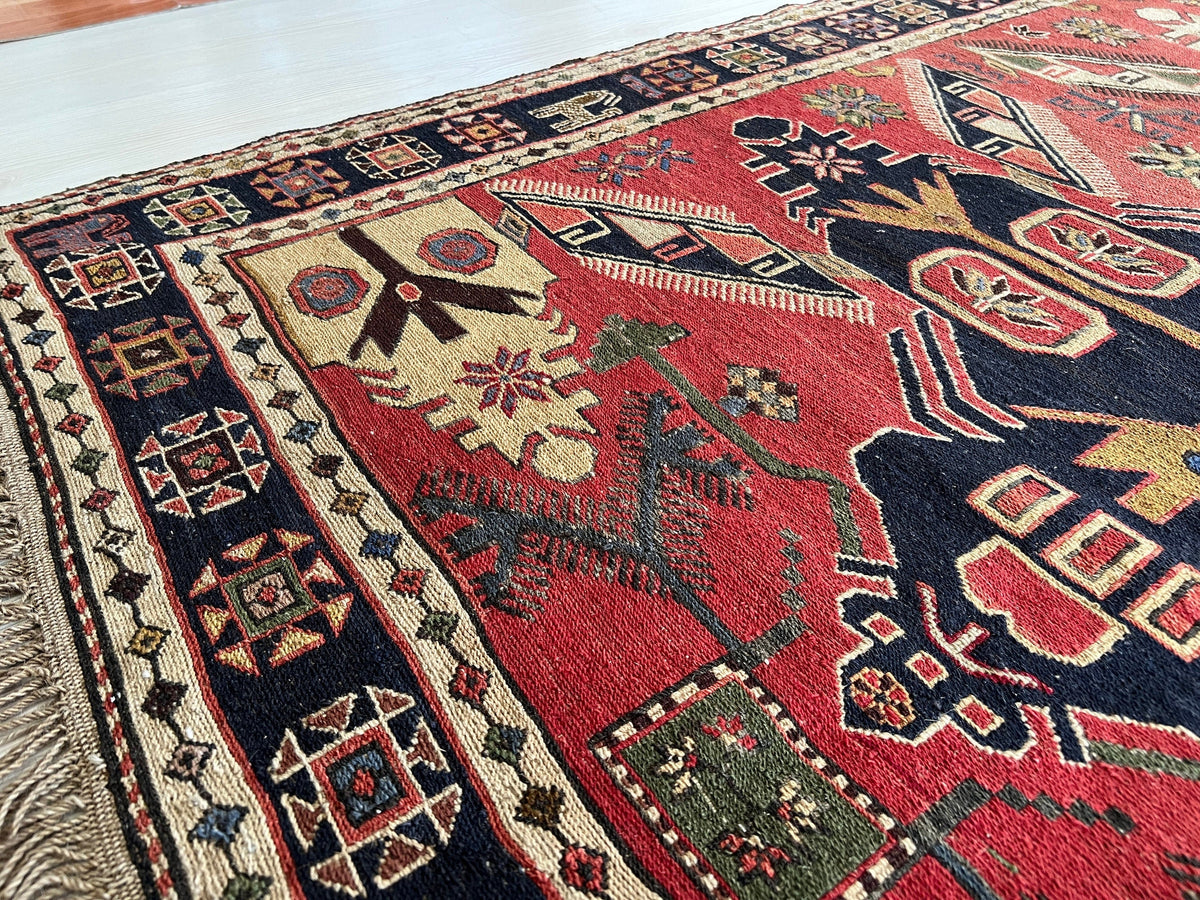 1930's Antique Caucasian Soumak Rug 4x7 - Traditional Wool Soumak Kelim Teppich