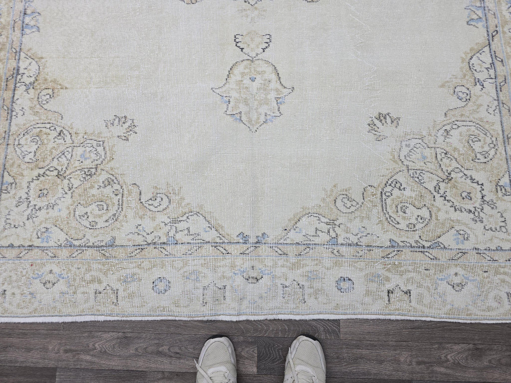 Turkish Rug 7x10 Vintage Cream Wool Area Rug Muted Pink Oushak Living Room Carpet
