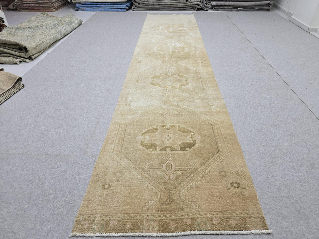 Turkish Rug 3x13, Antique Neutral Runner, Hand Knotted Wool Oushak Runner, Faded Camel Beige Hallway Carpet, Distressed Boho Stair Rug