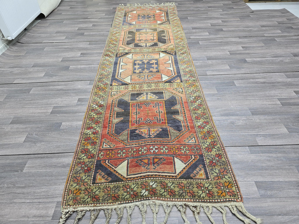Vintage Turkish Runner Rug: Handknotted Wool Hallway Carpet, 3.4x11.5 ft