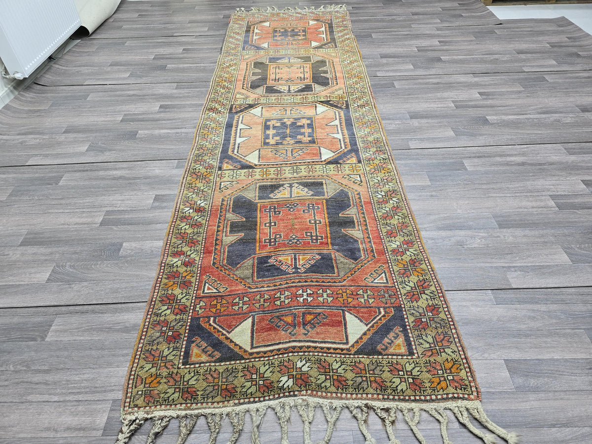 Vintage Turkish Runner Rug: Handknotted Wool Hallway Carpet, 3.4x11.5 ft