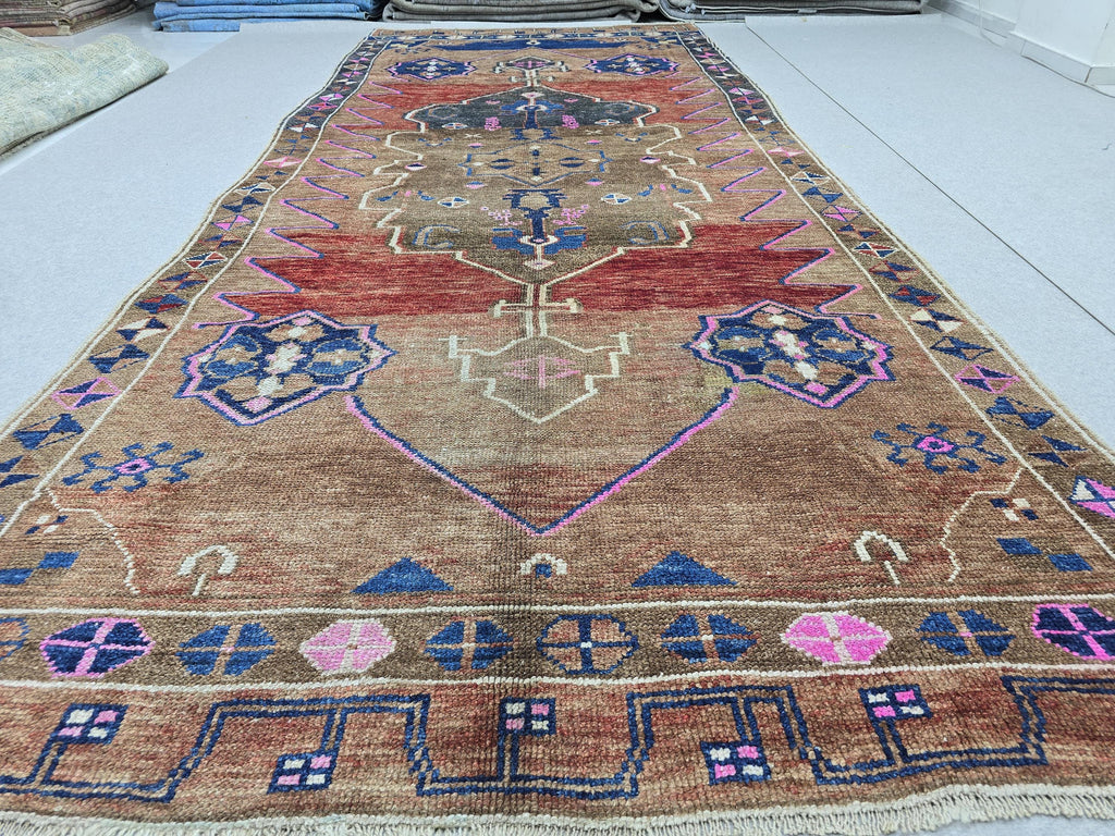 Turkish Oushak Rug 5x13, Vintage Wide Runner Rug, Hand Knotted Wool Kars Rug,  Anatolian Hallway Rug, Brown Red Boho Living Room Carpet