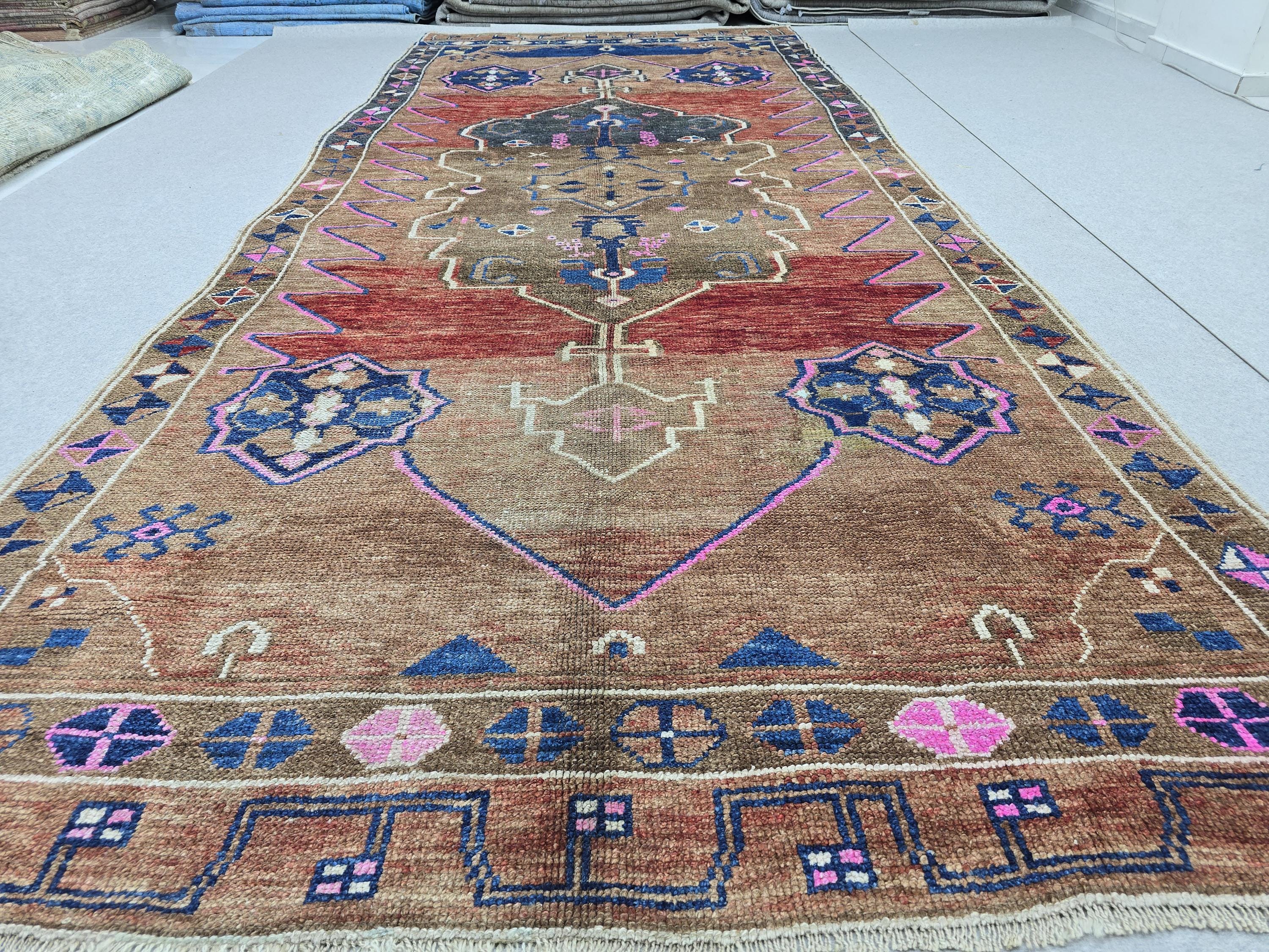 Turkish Oushak Rug 5x13, Vintage Wide Runner Rug, Hand Knotted Wool Kars Rug,  Anatolian Hallway Rug, Brown Red Boho Living Room Carpet