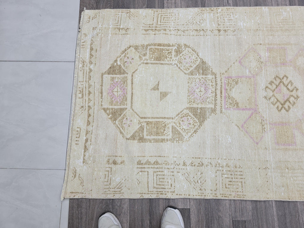 Handwoven Oushak Runner Rug: 3.5x12.7 ft, Neutral Turkish Vintage Rug