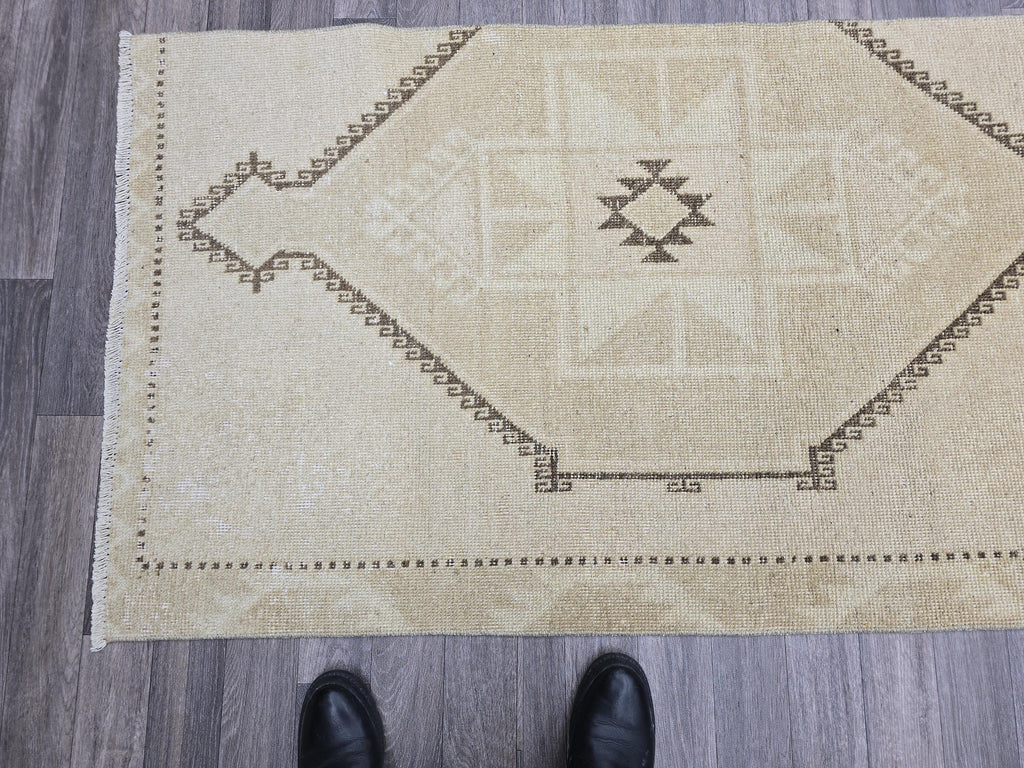 Vintage Anatolian Runner Rug: Cream Beige Wool Hallway Carpet, 3x13 Boho Rug
