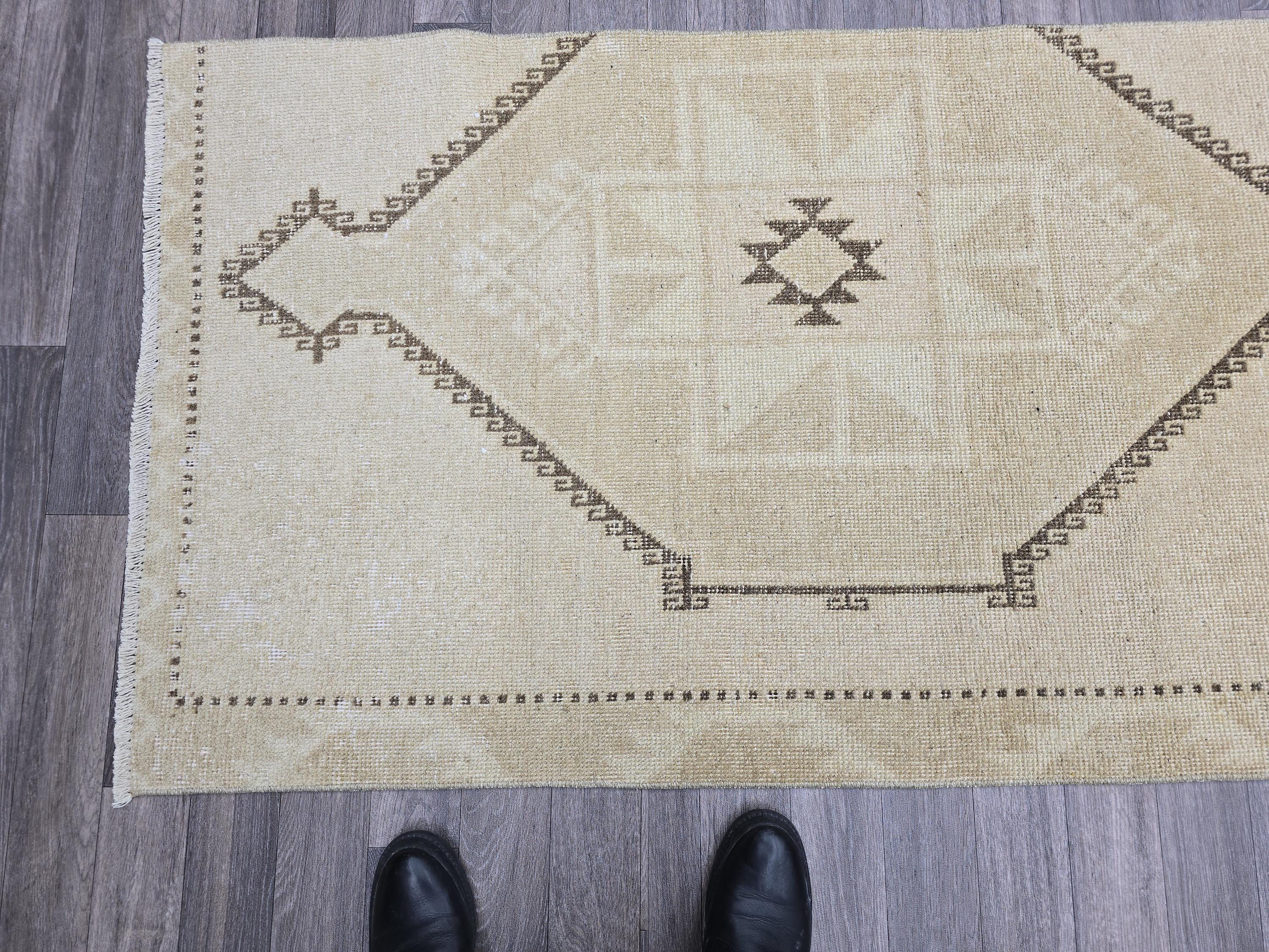 Vintage Anatolian Runner Rug: Cream Beige Wool Hallway Carpet, 3x13 Boho Rug