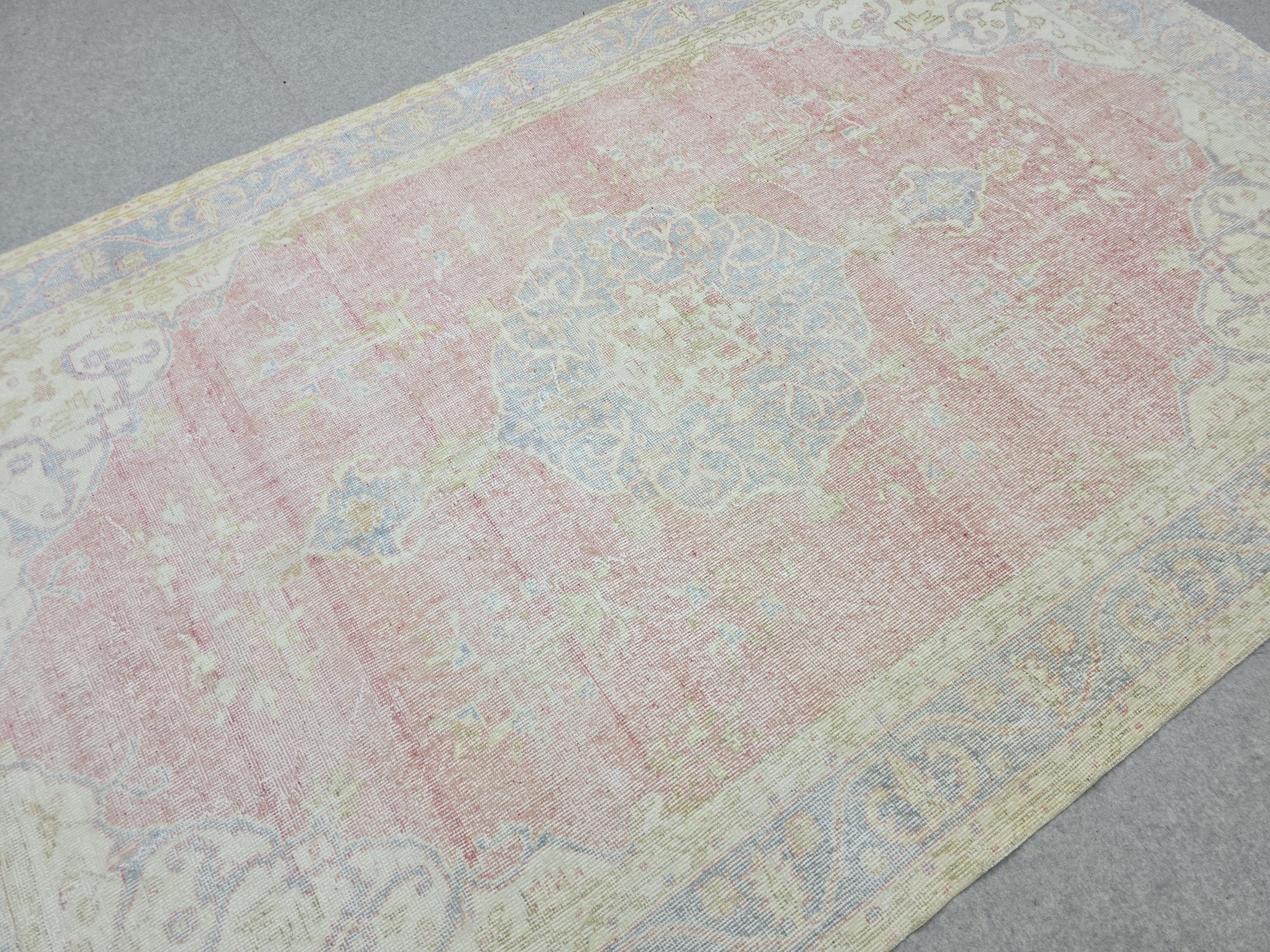 Vintage Anatolian Style Wool Rug 6x9, Pink Blue Medallion