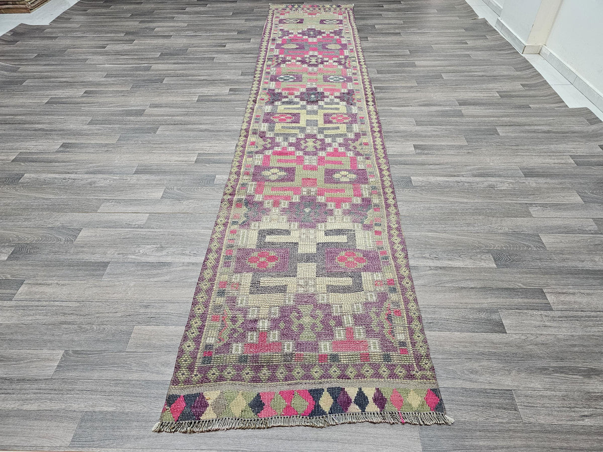 Vintage Herki Runner Rug: Hand-Knotted Turkish Wool Hallway Rug (2.7 X 13.45 ft)
