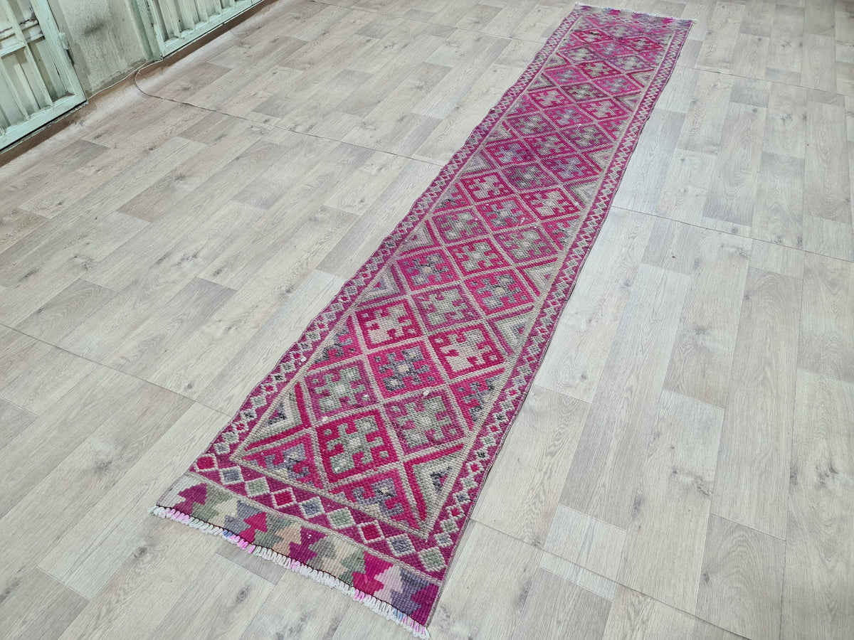 Vintage Hand Knotted Wool Runner Rug: Colorful Herki Design (2.23 x 12 ft)