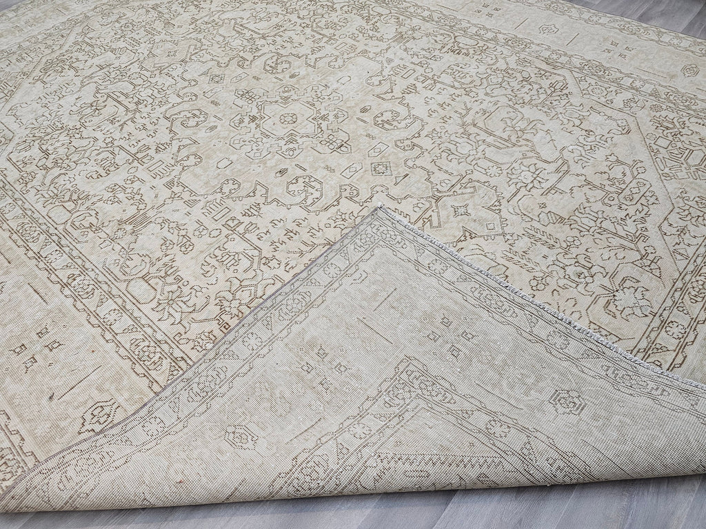 Oversized Neutral Oushak Rug: Vintage Geometric Turkish Wool Carpet (9.6x12.6 ft)